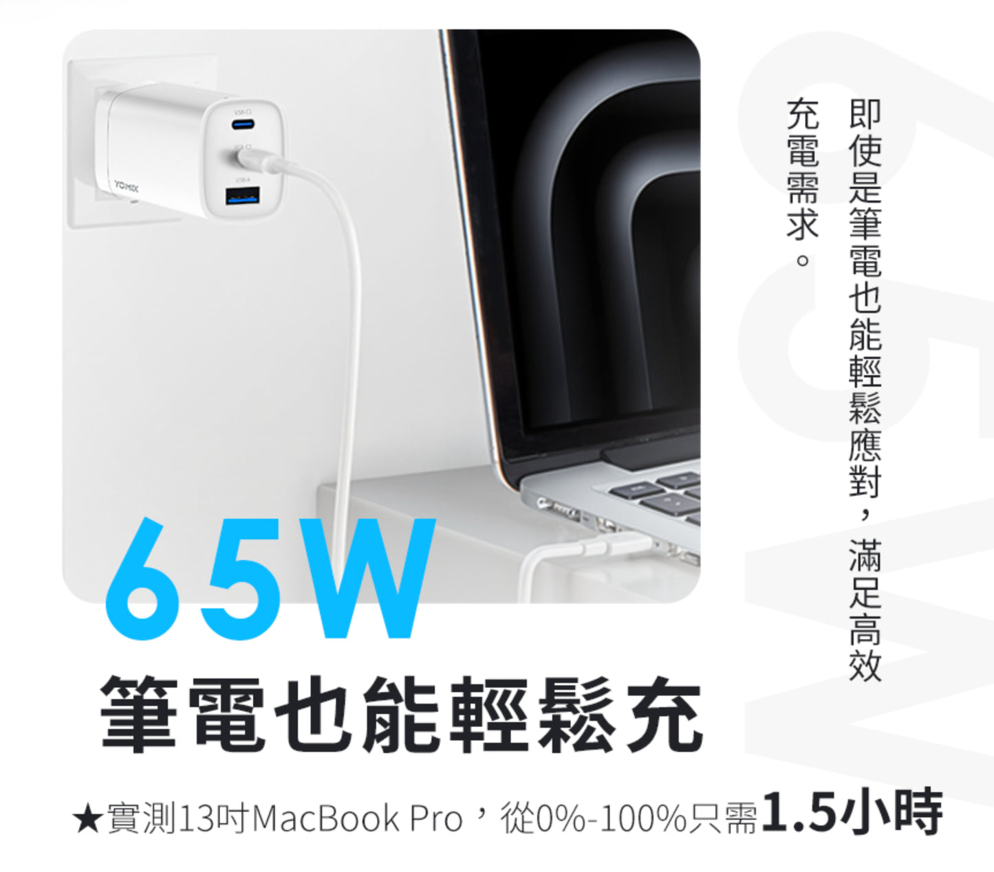 【YOMIX】65W氮化鎵PD三孔快充充電器